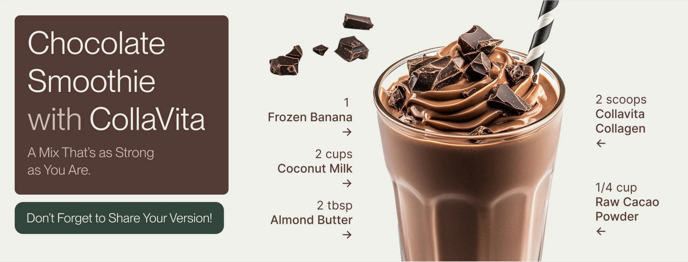 Chocolate smoothie with CollaVita Collagen, made with frozen banana, coconut milk, almond butter, raw cacao powder, and collagen peptides in a glass topped with chocolate chunks.