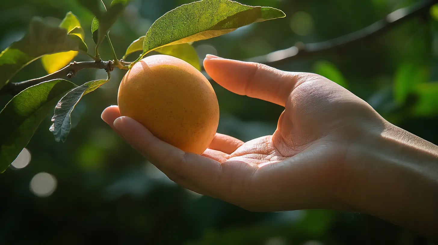 Hand gently reaching for a ripe fruit on a tree branch, symbolizing CollaVita’s natural connection and customer care approach.