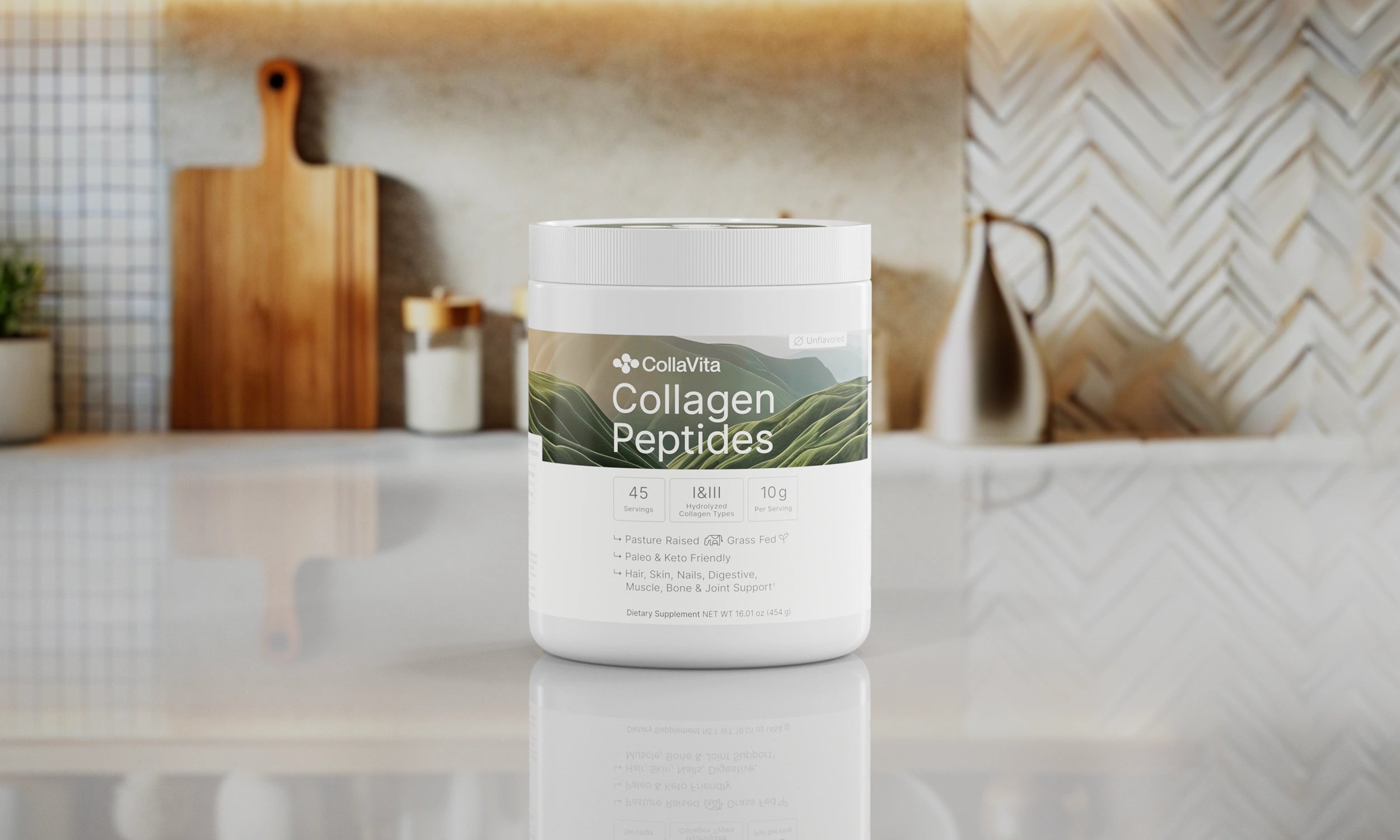 CollaVita Collagen Peptides powder container on a modern kitchen counter, featuring 45 servings of grass-fed, hydrolyzed collagen types I & III for joint, skin, and digestive support.