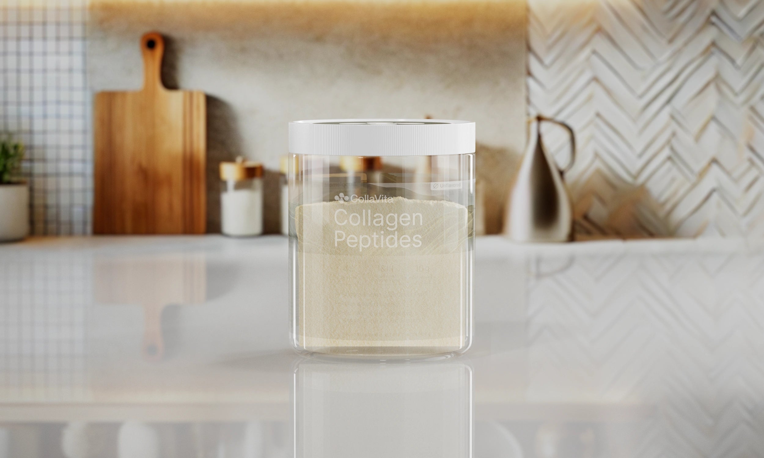 Unflavored CollaVita Collagen Peptides in a transparent container on a modern kitchen counter, showing the fine collagen powder texture and minimalist label design.
