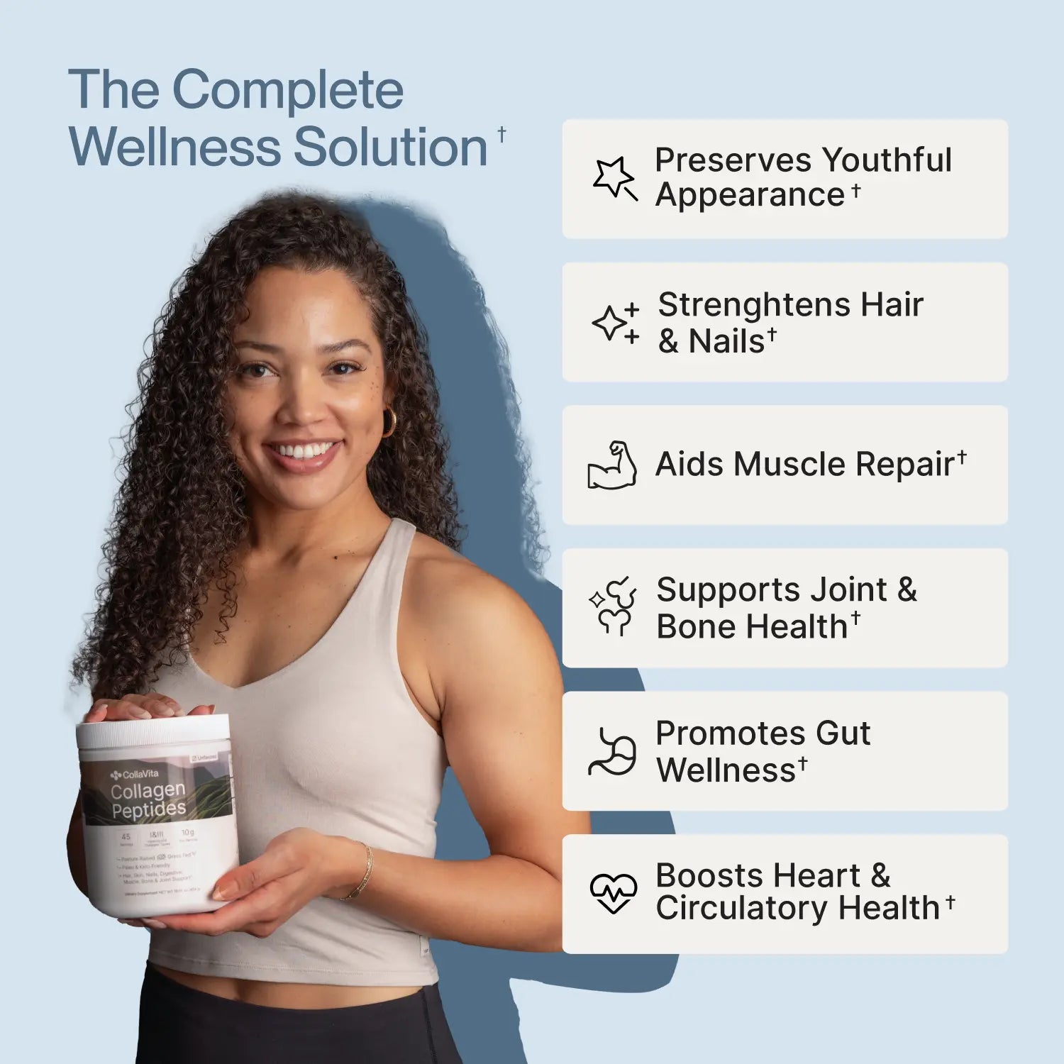 Smiling woman holding CollaVita Collagen Peptides tub, highlighting benefits like youthful appearance, stronger hair and nails, muscle repair, joint and bone health, gut wellness, and heart health.