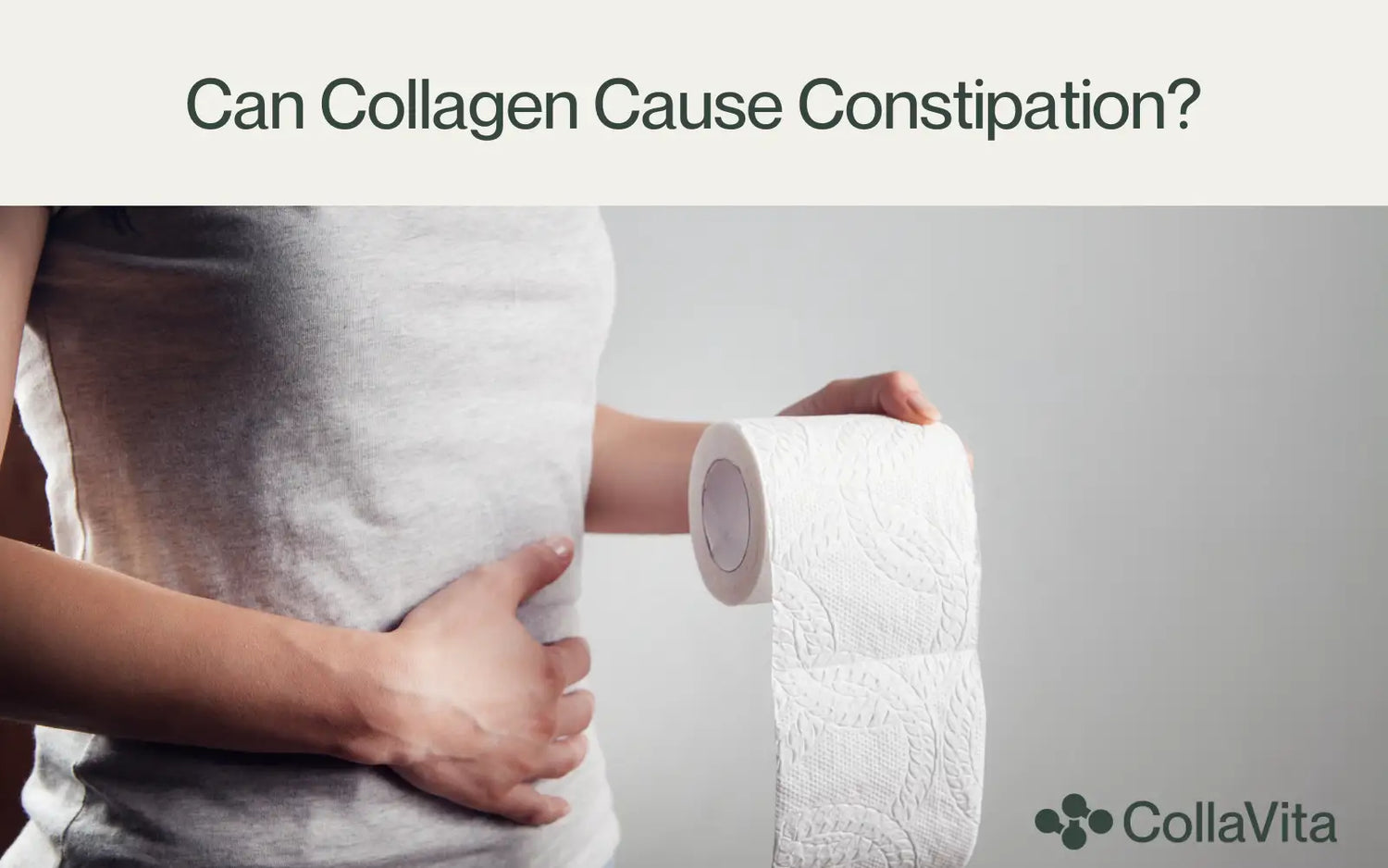 Image of a person holding their stomach while holding a roll of toilet paper, illustrating the question of whether collagen can cause constipation for CollaVita content.