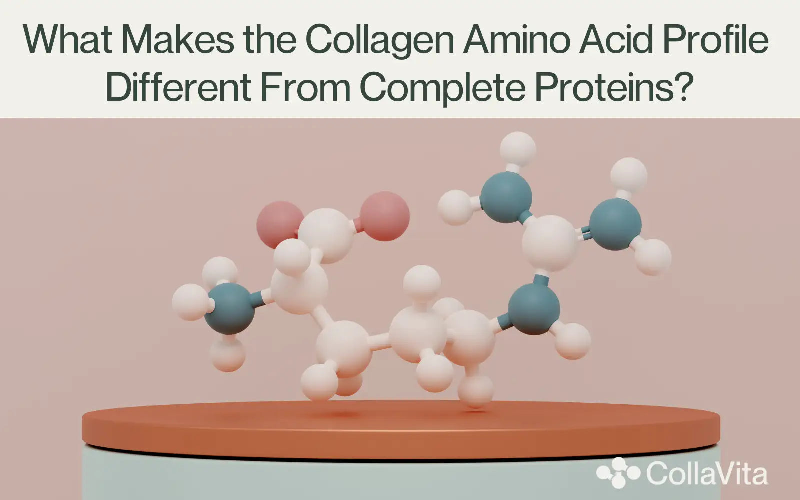3D illustration of a collagen amino acid molecular structure on a pedestal, with the title ‘What Makes the Collagen Amino Acid Profile Different From Complete Proteins?’ and the CollaVita logo, representing the unique structure of collagen.