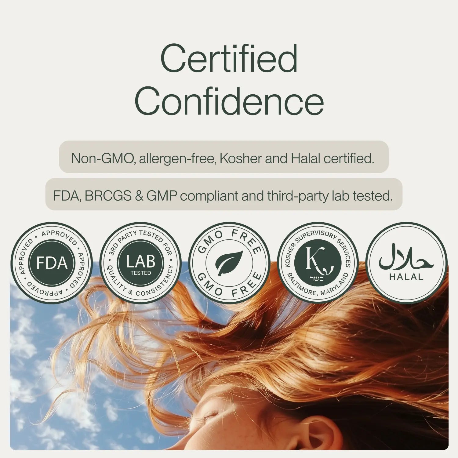 CollaVita Collagen Peptides certifications including FDA approved, lab tested, GMO free, Kosher certified, and Halal certified—highlighting non-GMO, allergen-free, and third-party lab-tested product quality.