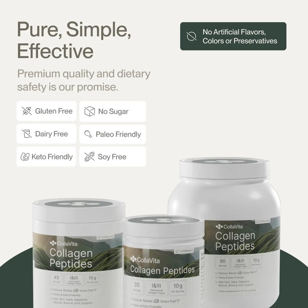 CollaVita Collagen Peptides tubs on a neutral background with text “Pure Simple Effective” and labels indicating dietary qualities (gluten-free, dairy-free, keto & paleo friendly, no sugar, soy free, no artificial flavors).